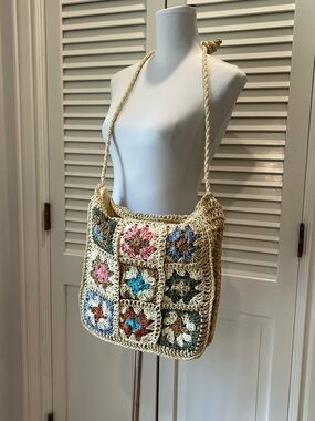 Woven Patchwork Shoulder Bag or Tote Natural and Multicolor NWT